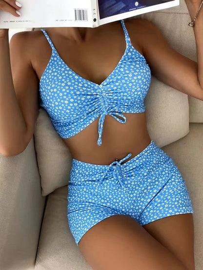 Printed Multicolor Conservative Boxer Pleating Split Swimsuit