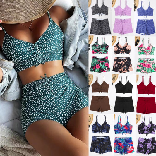 Printed Multicolor Conservative Boxer Pleating Split Swimsuit