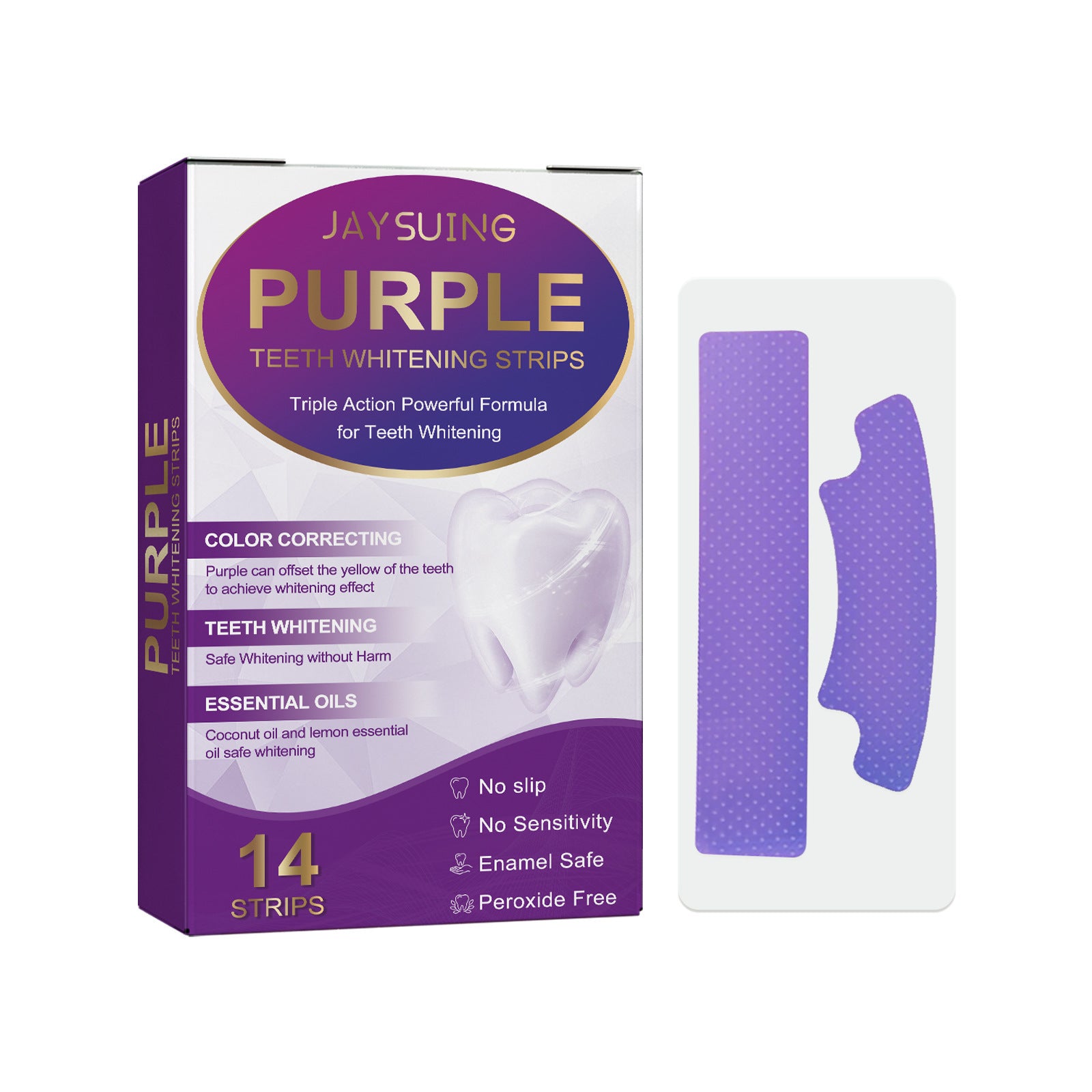 The image shows a box of purple teeth whitening strips with a woman smiling in the background. The box is labeled with the product name and details such as '14 strips' and 'Teeth Whitening'.