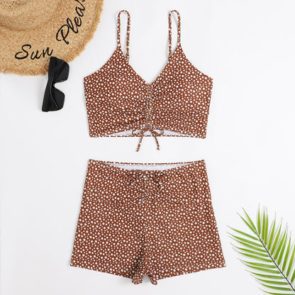 Printed Multicolor Conservative Boxer Pleating Split Swimsuit