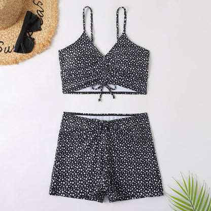 Printed Multicolor Conservative Boxer Pleating Split Swimsuit