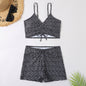 Printed Multicolor Conservative Boxer Pleating Split Swimsuit