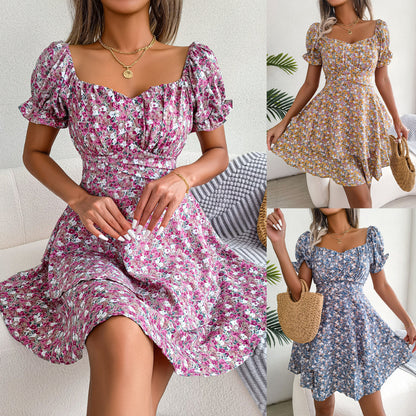 Vestido mini de mujer, temperamento, gran vuelo, dobladillo suelto, estampado de flores, fruncido, vestido de manga corta, cintura alta, vestido de verano, ropa