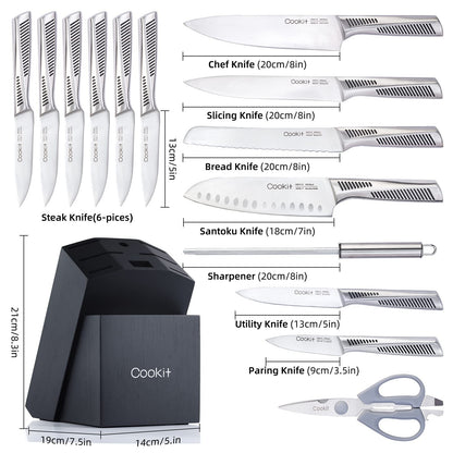 Kitchen Knife Set, 15 Piece Knife Sets with Block, Chef Knives with Non-Slip German Stainless Steel Hollow Handle Cutlery Set with Multifunctional Scissors Knife Sharpener