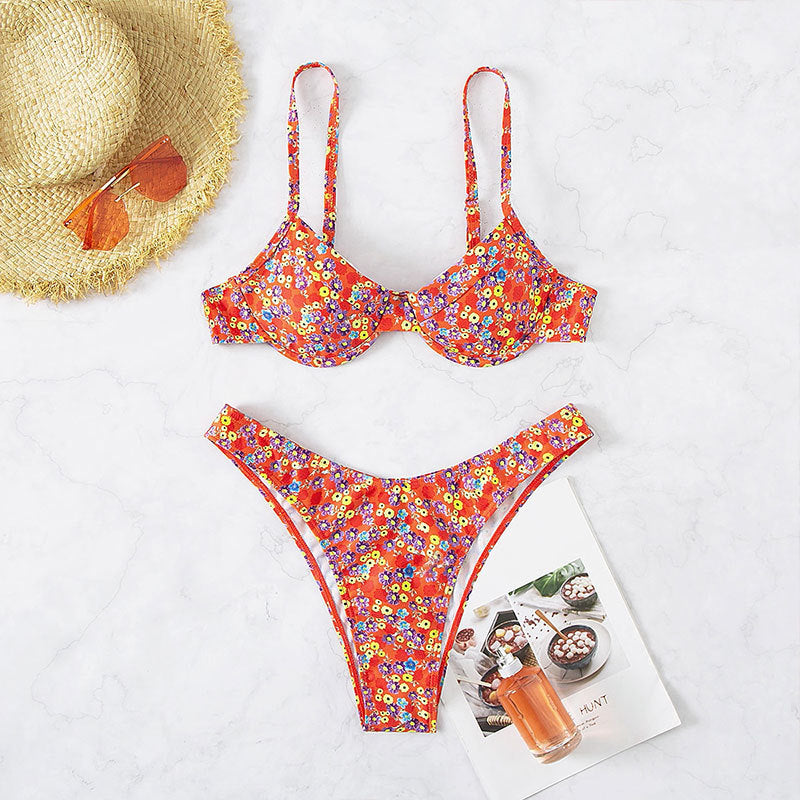 Women's High Waist Floral Split Swimsuit Bikini