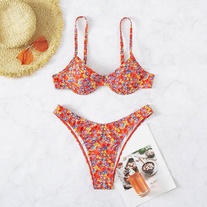 Women's High Waist Floral Split Swimsuit Bikini