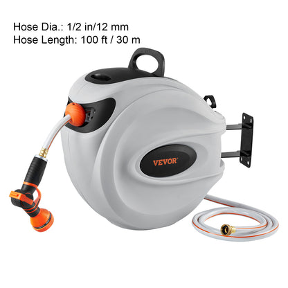 VEVOR Retractable Hose Reel Water Hose Reel Swivel Wall-Mounted,Garden Water Hose Reel With 9-Pattern Nozzle,Automatic Rewind, Lock At Any Length, With Slow Return System