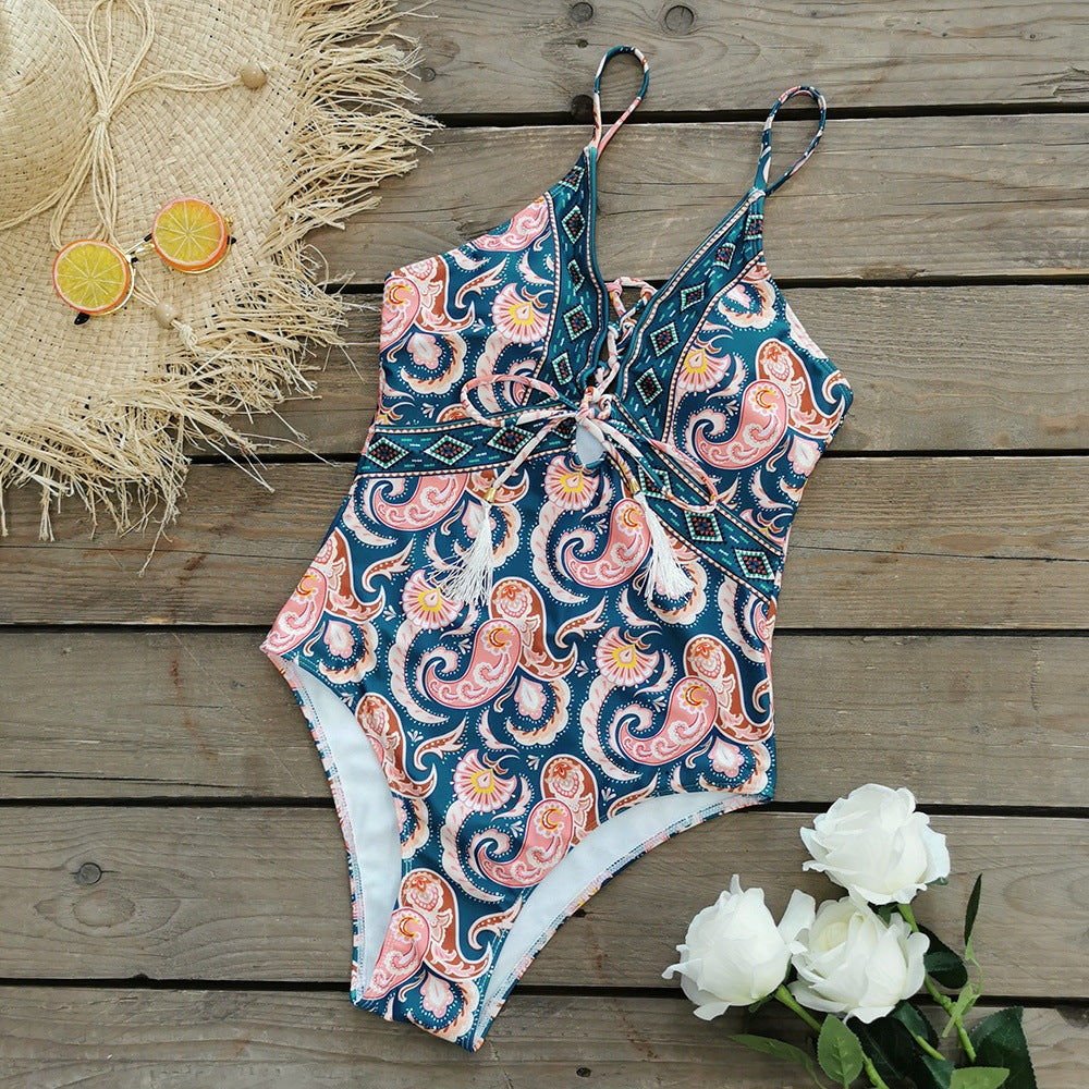 Deep V Tie One Piece Swimsuit Flower Print