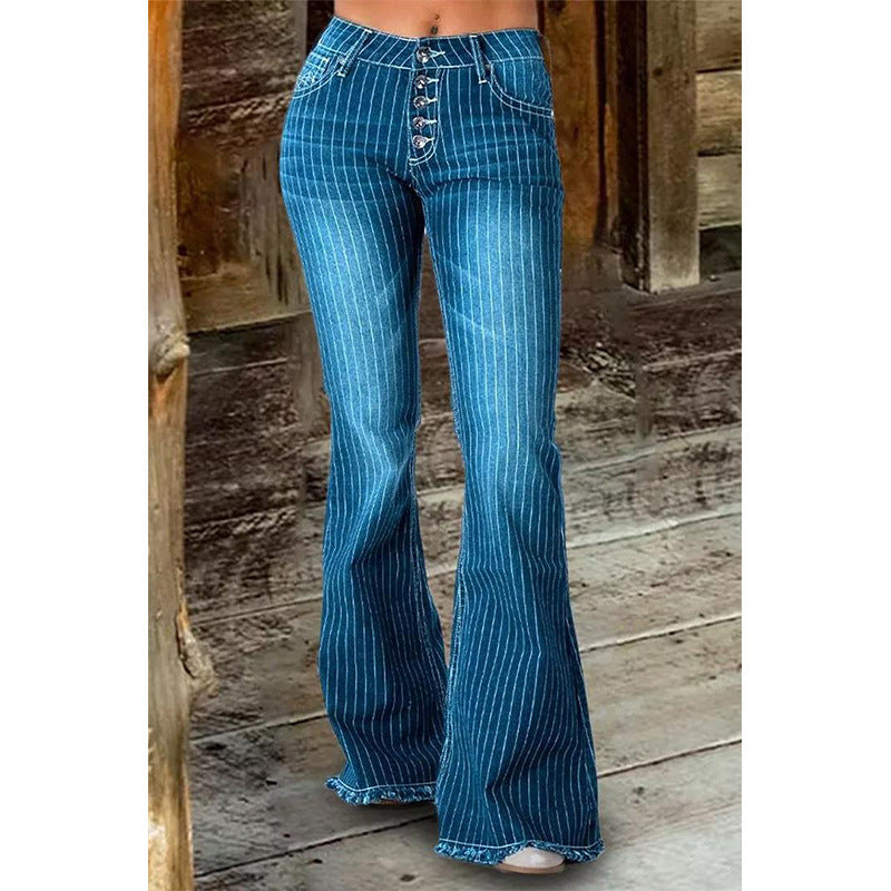 Fashion Mid Waist Striped Flare Pants