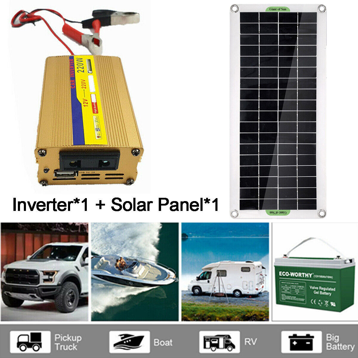 220W Inverter100W Solar Panel Kit USB Battery Charger Convert AC,DC Outdoor USA
