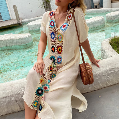 Hook Flower Stitching Irregular Slit Sun Protection Beach V-neck Dress