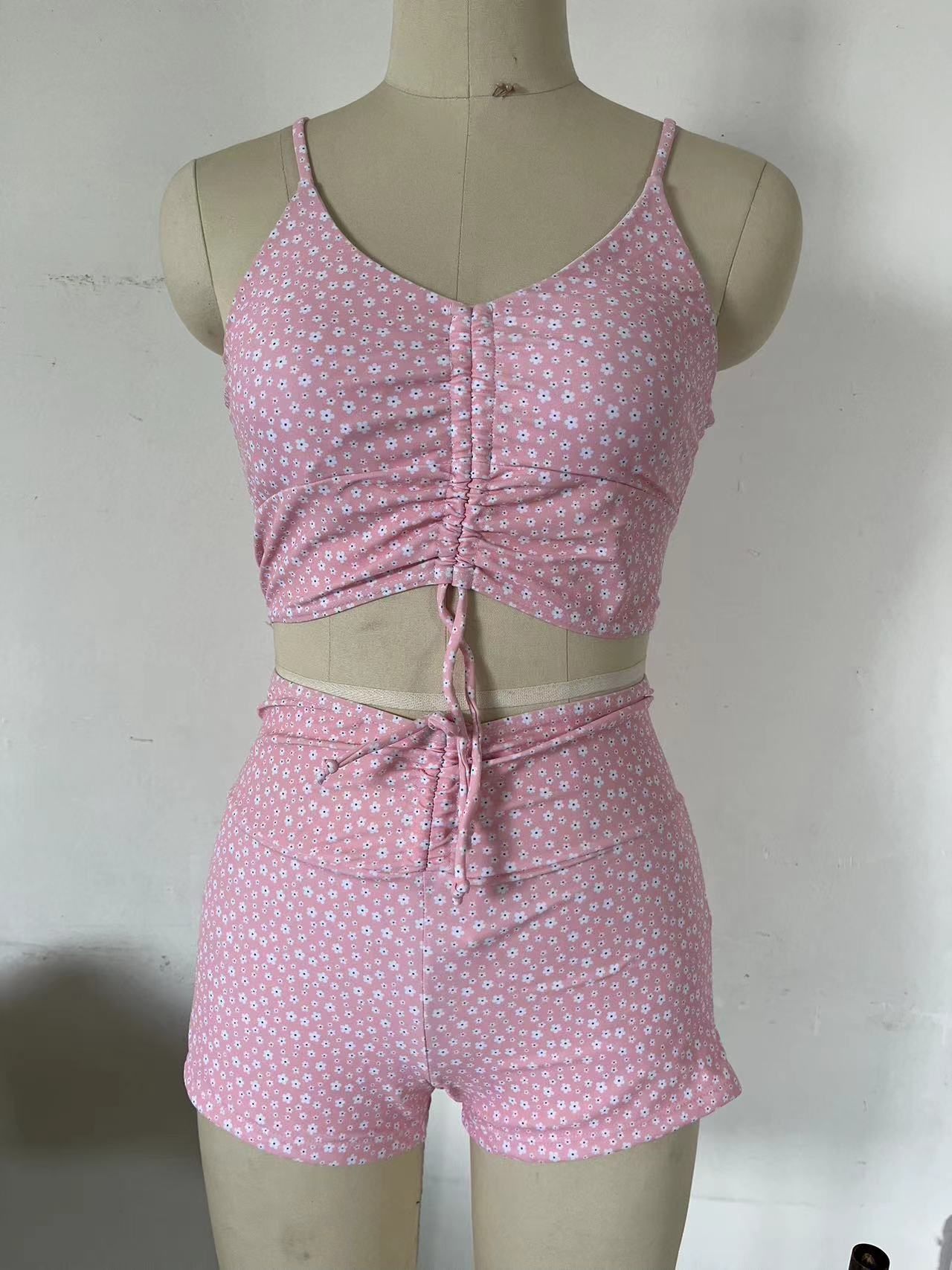 Printed Multicolor Conservative Boxer Pleating Split Swimsuit