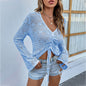 V Neck Drawstring Flare Sleeve Sweater