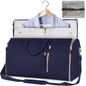Navy blue travel bag with gold accents, open to reveal a shirt and accessories, on a white background.