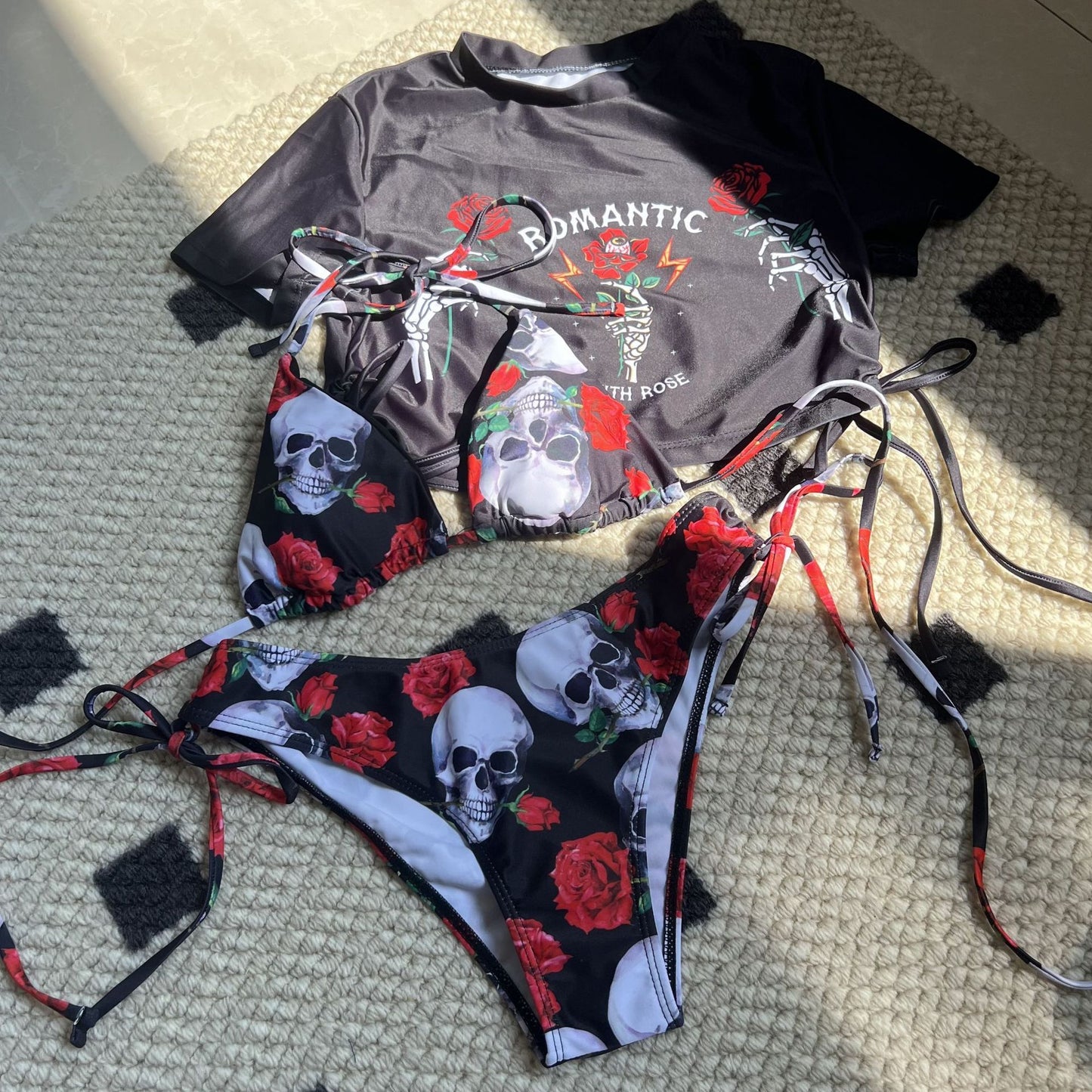 New Sexy Skull Rose Printed Three-piece Set Swimwear Swimsuit Bikini