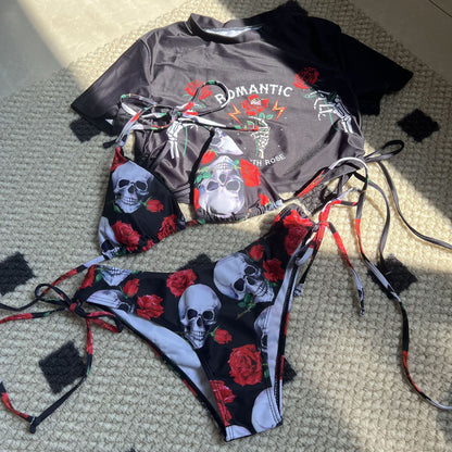 New Sexy Skull Rose Printed Three-piece Set Swimwear Swimsuit Bikini