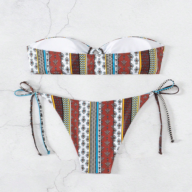 Women's Printed Lace-up Split Swimsuit Bikini