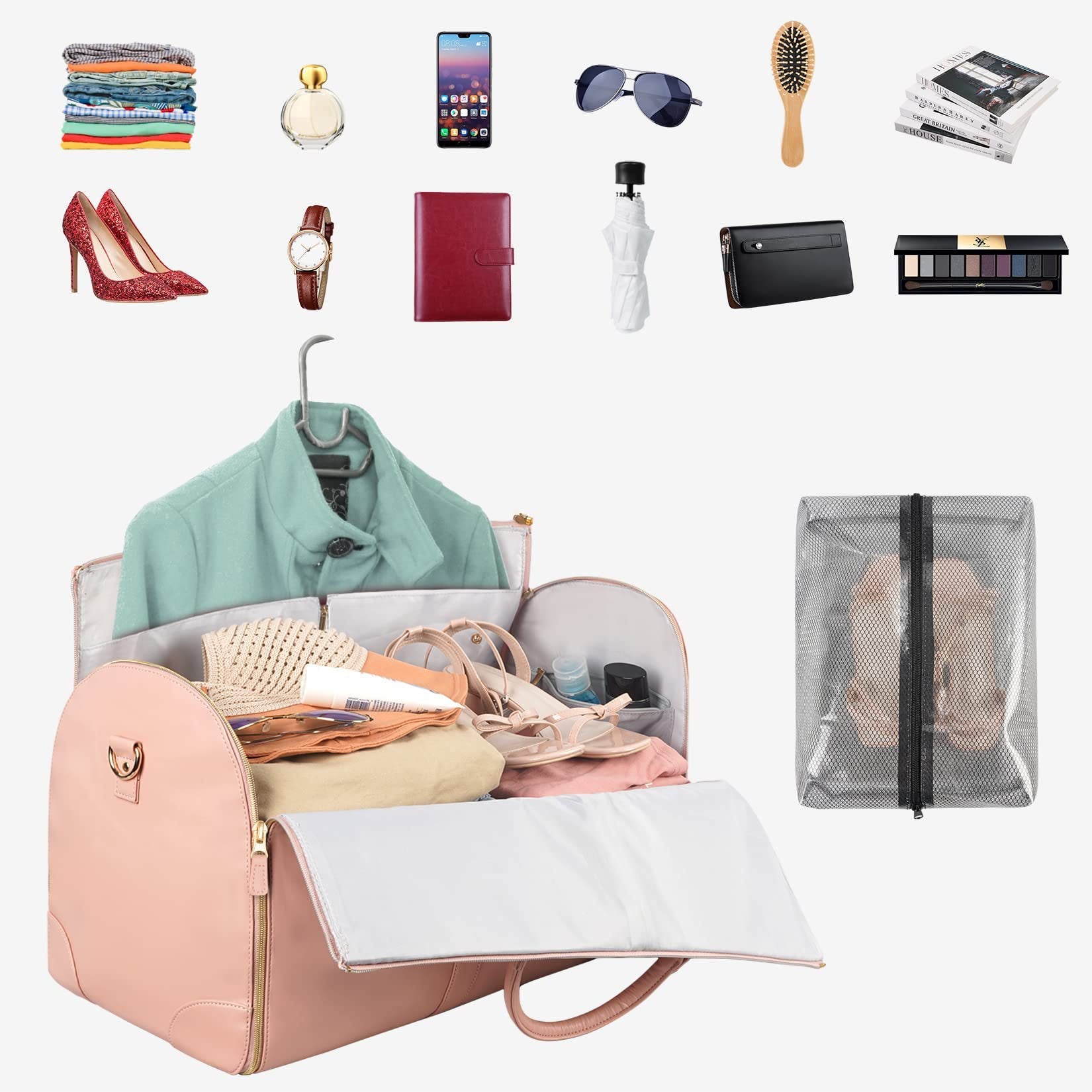 Open pink travel bag with various travel items displayed around it on a white background
