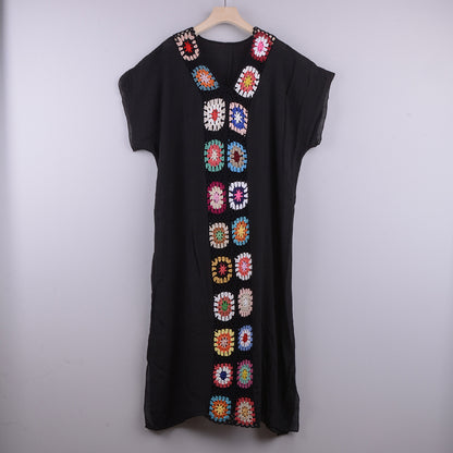 Hook Flower Stitching Irregular Slit Sun Protection Beach V-neck Dress