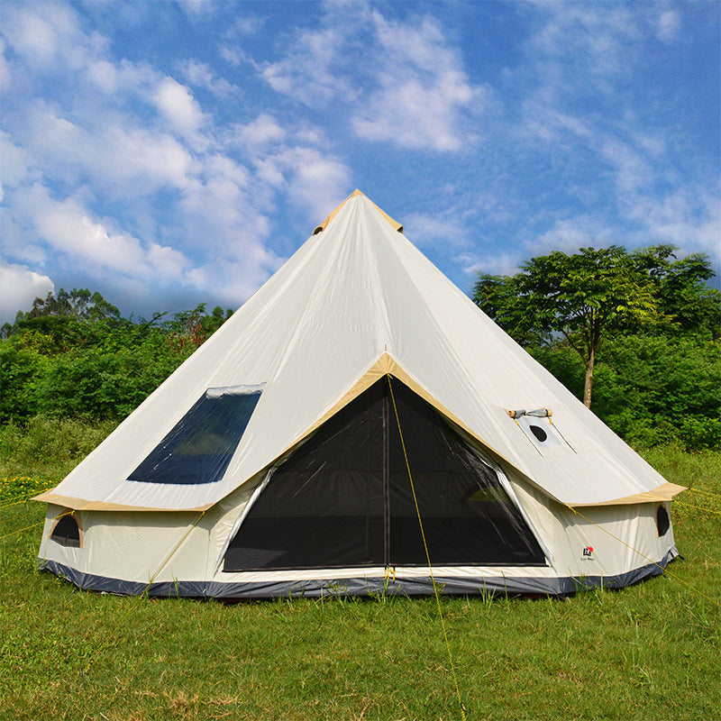 Tienda de campaña tipo yurta para exteriores, con chimenea y protección solar