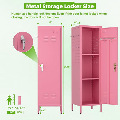 Pink metal storage locker with dimensions and lock details on a white background