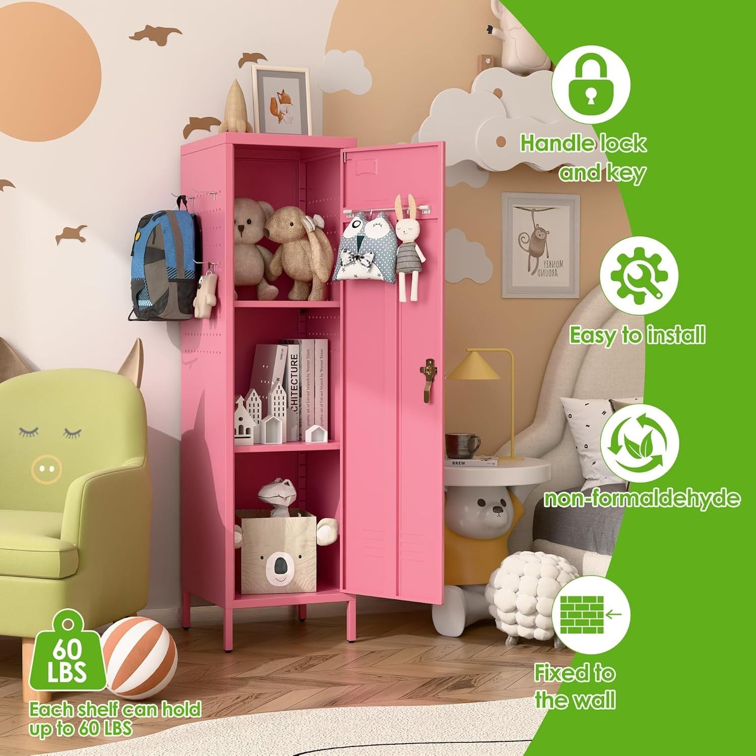 Pink children's wardrobe with toys in a room setting, featuring green text boxes with product features.