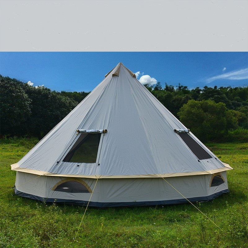 Tienda de campaña tipo yurta para exteriores, con chimenea y protección solar