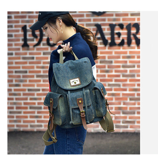 Backpack Retro Denim Backpack Female Drawstring Pocket