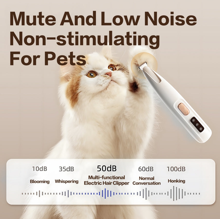 Cat with electric hair clipper and noise level indicator on a beige background