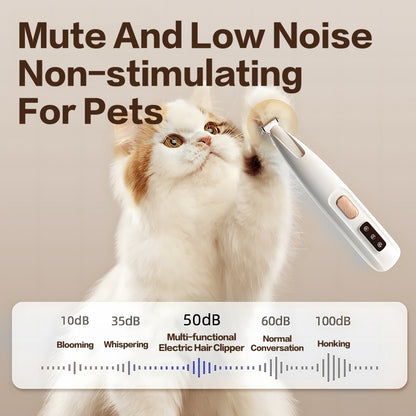Cat with electric hair clipper and noise level indicator on a beige background