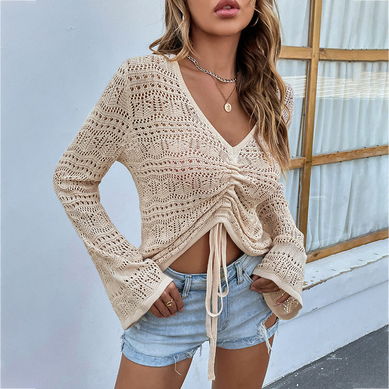 V Neck Drawstring Flare Sleeve Sweater