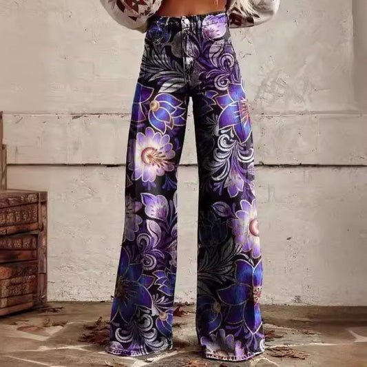 Fashion Women's Printed High Waist Loose Thin Imitation Denim Bell Bottoms/Flare